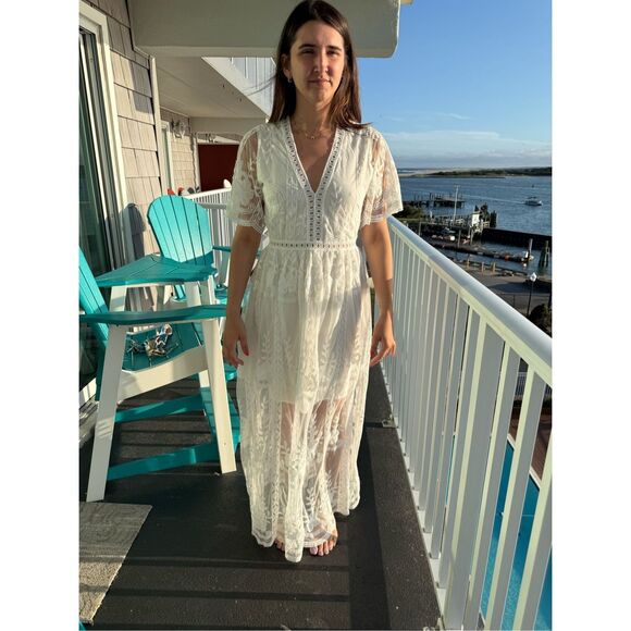 White Embroidered Lace Short Sleeve Romantic Victoria Style Maxi Dress Sz M EUC - Picture 1 of 7